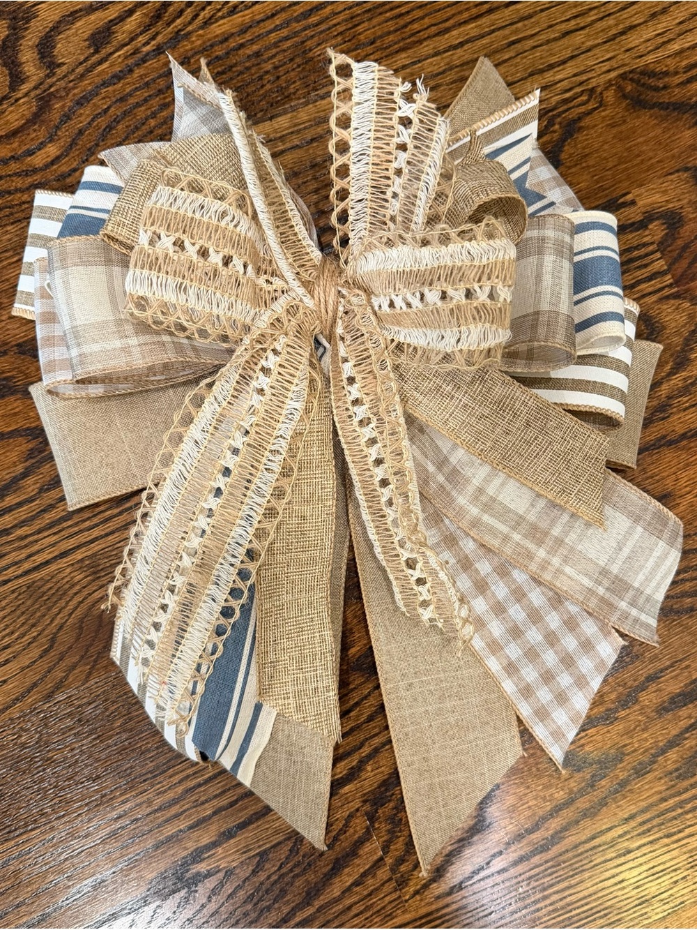 Burlap and Blue Striped Holiday Bow - Farmhouse Wreath Accent
